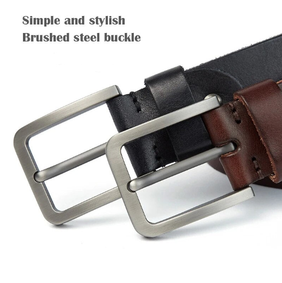 Men's Genuine Leather Belt with Hard Brushed Steel Buckle