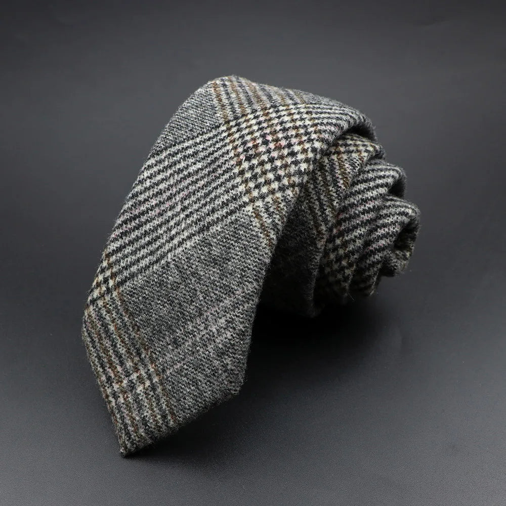 Narrow Collar Slim Cashmere Tie: Classic Plaid, Herringbone and Houndstooth Patterned Wool Necktie for Men's Suit, Perfect Party or Casual Accessory, Ideal Gift