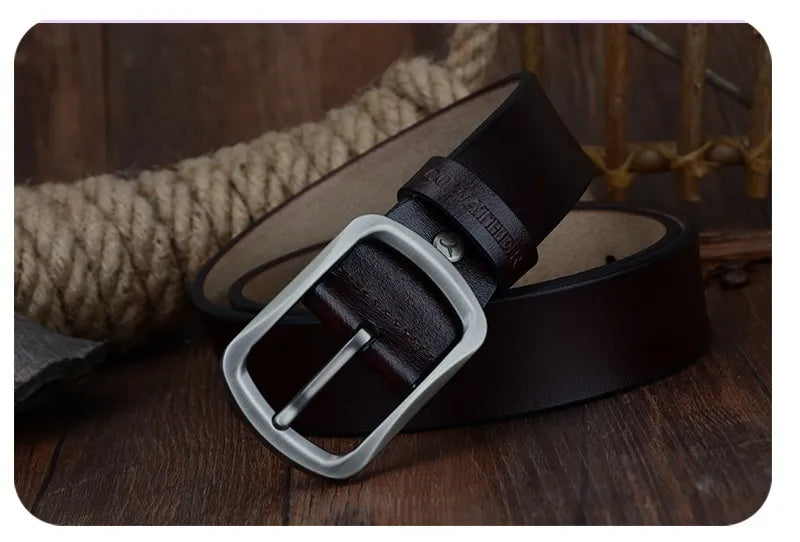 Genuine Leather Men's Vintage Belt with Pin Buckle - Classic Cowhide