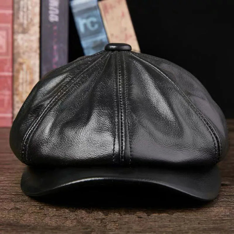 Men's Genuine Leather Warm Octagonal Cap: Casual Vintage Newsboy Cap for Golf and Driving Adventures