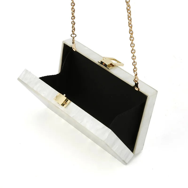 White Pearl-Striped Acrylic Box Clutch: Ideal for Parties and Evening Events