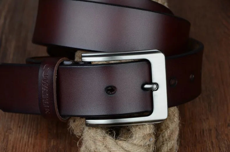 Genuine Leather Men's Vintage Belt with Pin Buckle - Classic Cowhide