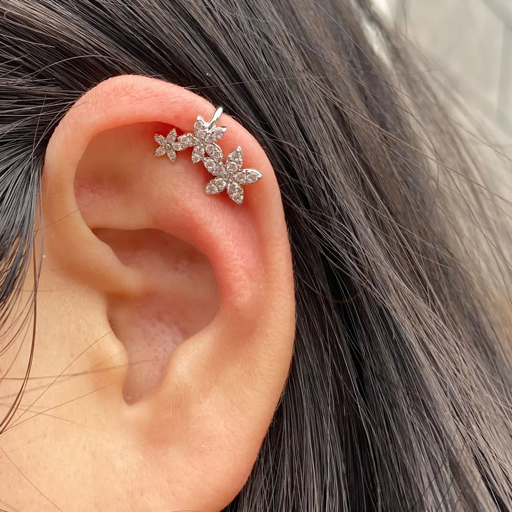 Crystal Flowers Clip Earring for Women: Fashionable Shiny Zircon Ear Cuff, Ideal for Parties, Jewelry Gifts