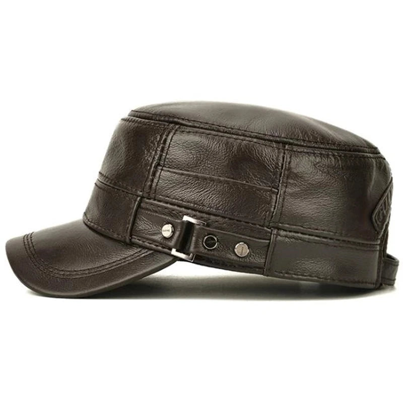 Men's Genuine Leather Military Hats: High-Quality Cowhide for Autumn/Winter, New Thermal Design with Adjustable Size