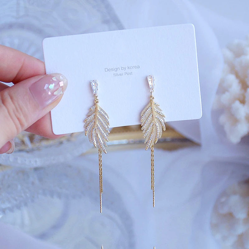 Stylish Gold Leaf Tassel Drop Earrings for Women