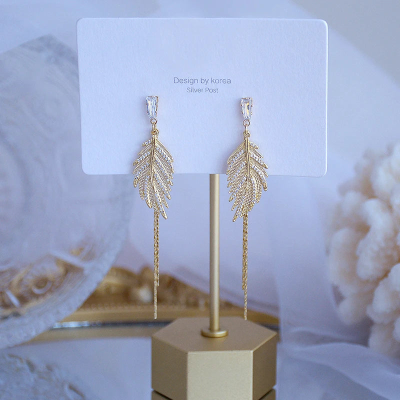 Stylish Gold Leaf Tassel Drop Earrings for Women