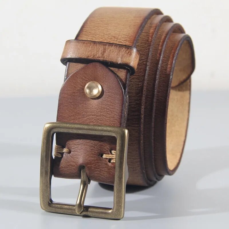Retro Vintage Cowhide Men's Belt with Natural Leather and Copper Buckle