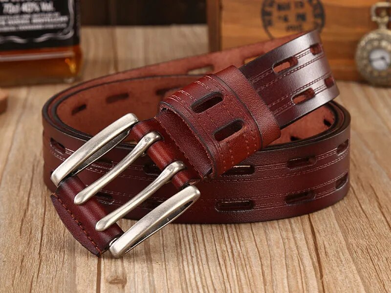 Premium Men's Genuine Leather Belts: Stylish Double Pin Buckle, Ideal for Jeans and Cowboy Attire