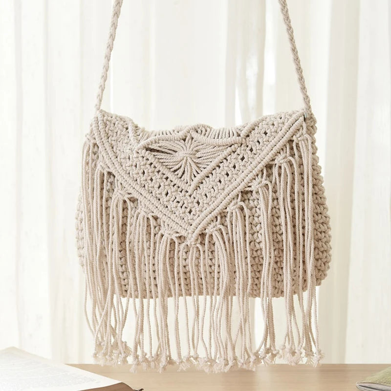 Handmade Cotton Woven Knitted Tassel Crossbody Bag – Vintage Shoulder Bag, Fashionable Summer Beach Handbag for Women