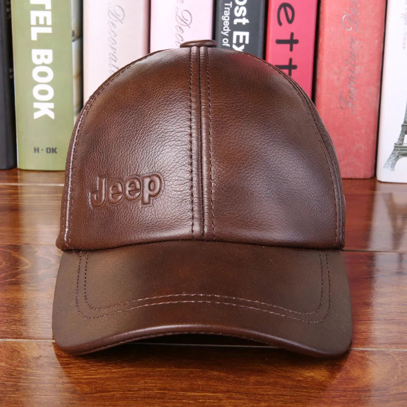 Embrace Winter Warmth: Men's Genuine Leather Cowhide Baseball Cap with Thermal and Ear Protective Features - Adjustable Size for Maximum Comfort