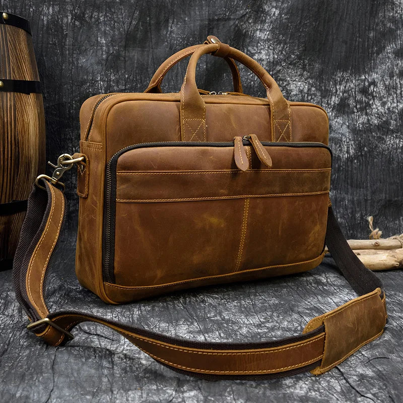 Men's Genuine Cowhide Leather Briefcase: Laptop Bag for 15.6" Laptop, Ideal for Doctors, Lawyers, and Professionals