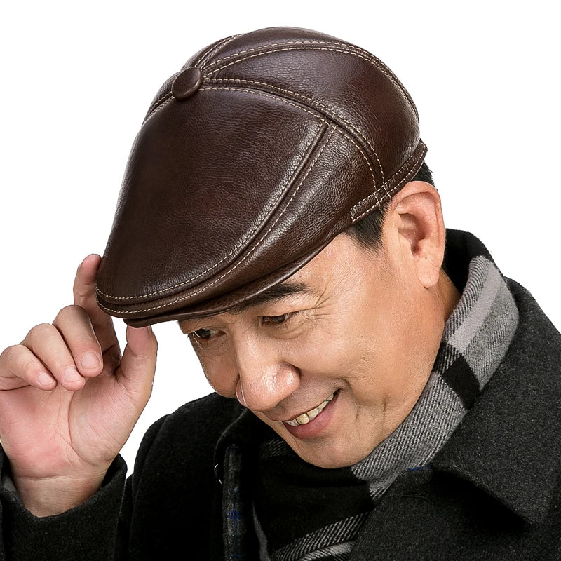 Men's Winter Genuine Cowhide Leather Newsboy Cap: Warm Winter Cap for Men with Ear Flap