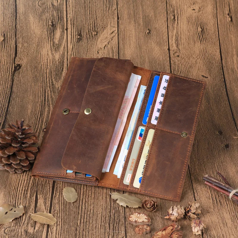 Vintage Style Men's Long Wallet: First Layer Genuine Leather, Retro Design with Multi-Card Holder