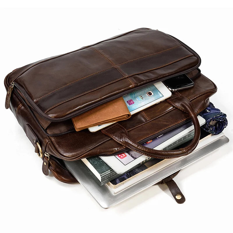 Men's Genuine Cowhide Leather Briefcase: Laptop Bag for 15.6" Laptop, Ideal for Doctors, Lawyers, and Professionals