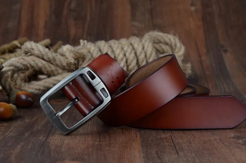 Genuine Leather Men's Vintage Belt with Pin Buckle - Classic Cowhide