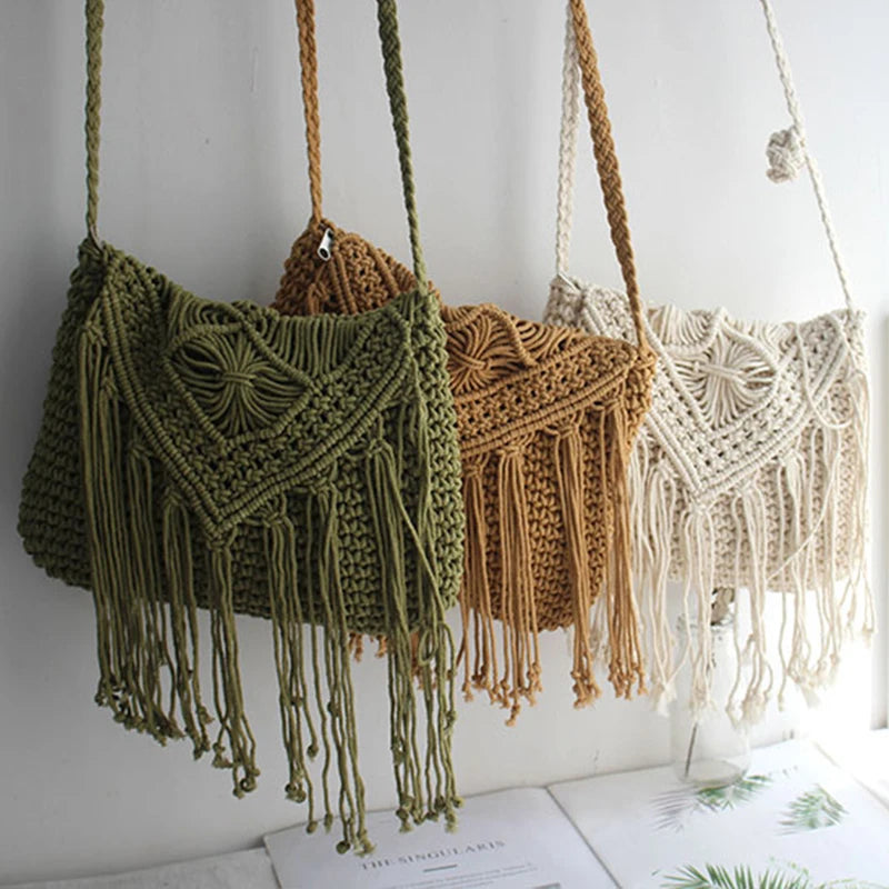 Handmade Cotton Woven Knitted Tassel Crossbody Bag – Vintage Shoulder Bag, Fashionable Summer Beach Handbag for Women