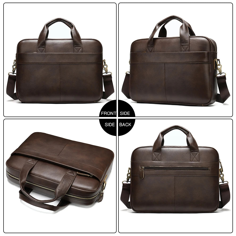 Men's Genuine Leather Briefcase for 14" Laptop: Messenger Bag, Business Portfolio for A4 Size Documents