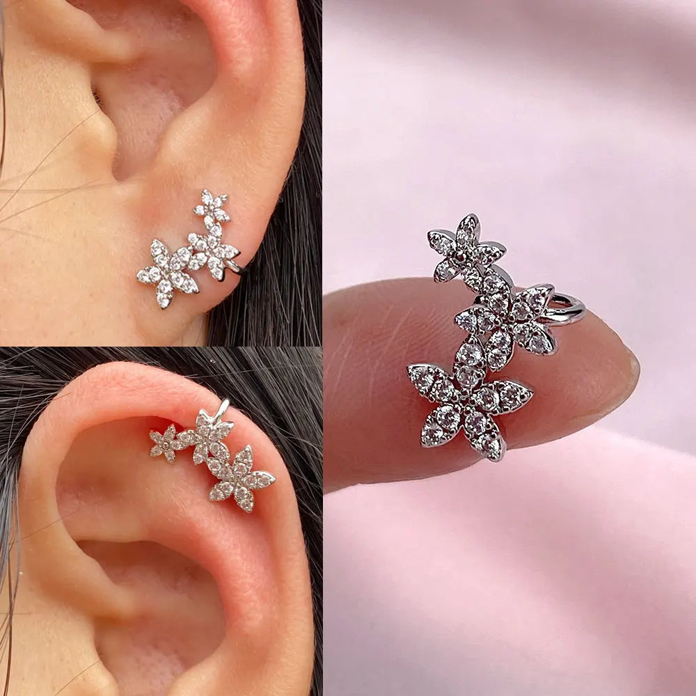 Crystal Flowers Clip Earring for Women: Fashionable Shiny Zircon Ear Cuff, Ideal for Parties, Jewelry Gifts