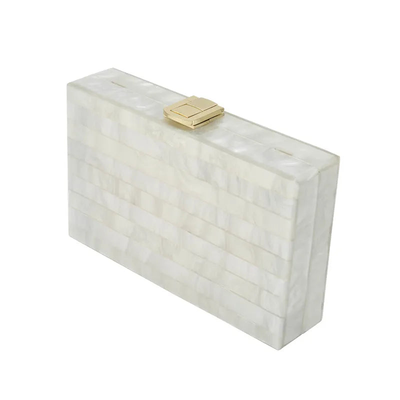 White Pearl-Striped Acrylic Box Clutch: Ideal for Parties and Evening Events