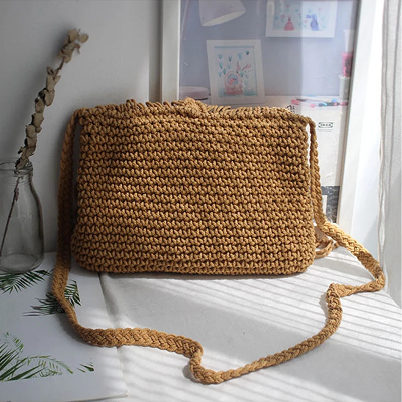 Handmade Cotton Woven Knitted Tassel Crossbody Bag – Vintage Shoulder Bag, Fashionable Summer Beach Handbag for Women