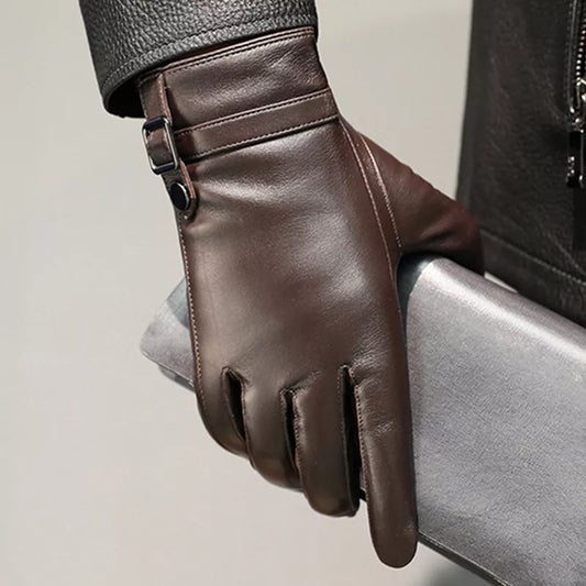 Stay Cozy in Style with Men's Sheepskin Winter Leather Gloves - Thickening Design for Outdoor Warmth