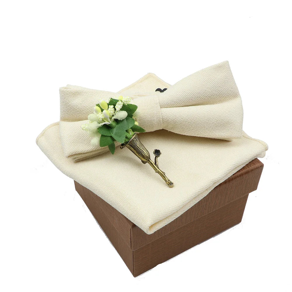 Refined Elegance: Solid Color Cotton Bowtie, Handkerchief, and Flower Brooch Set For Men - Perfect for Parties and Weddings