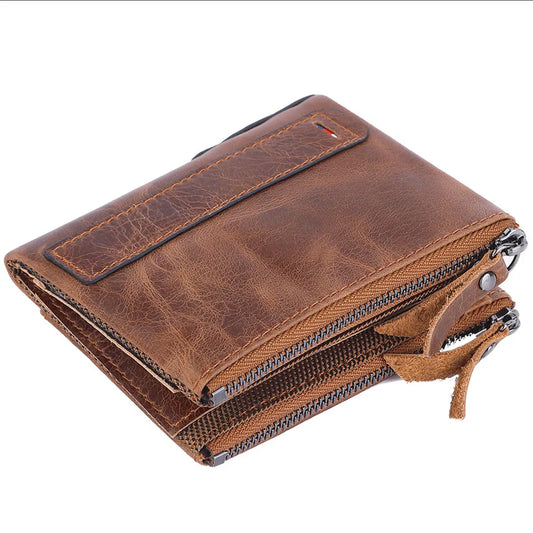Double Zipper Men's Genuine Leather Bifold Wallet