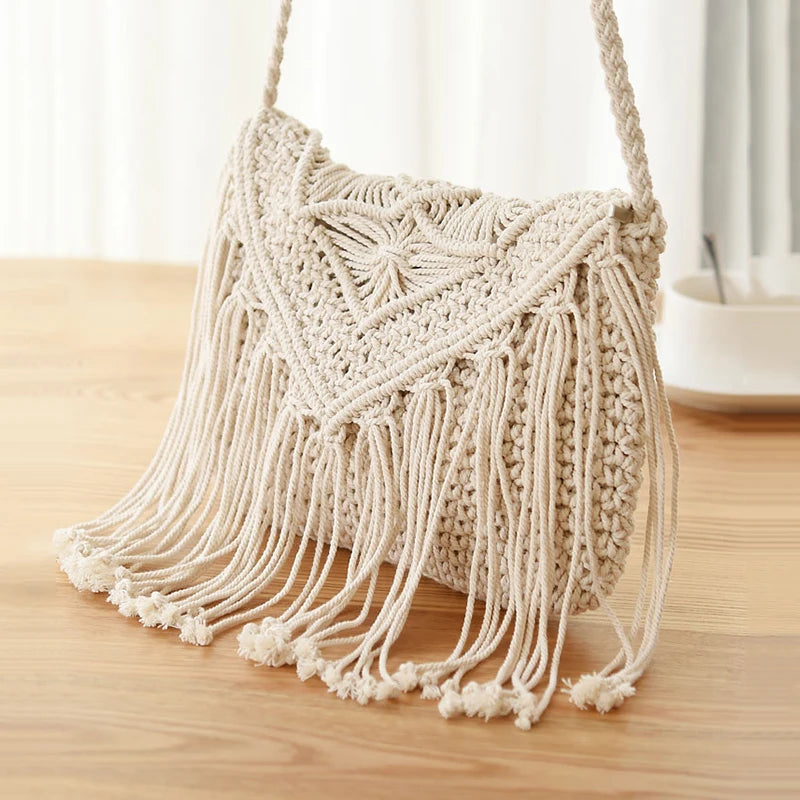 Handmade Cotton Woven Knitted Tassel Crossbody Bag – Vintage Shoulder Bag, Fashionable Summer Beach Handbag for Women