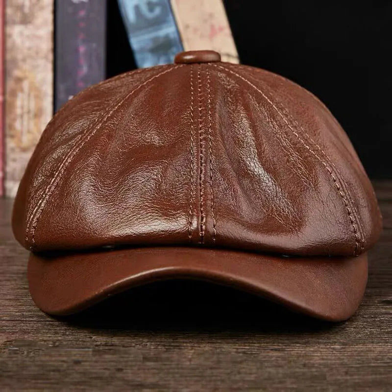 Men's Genuine Leather Warm Octagonal Cap: Casual Vintage Newsboy Cap for Golf and Driving Adventures