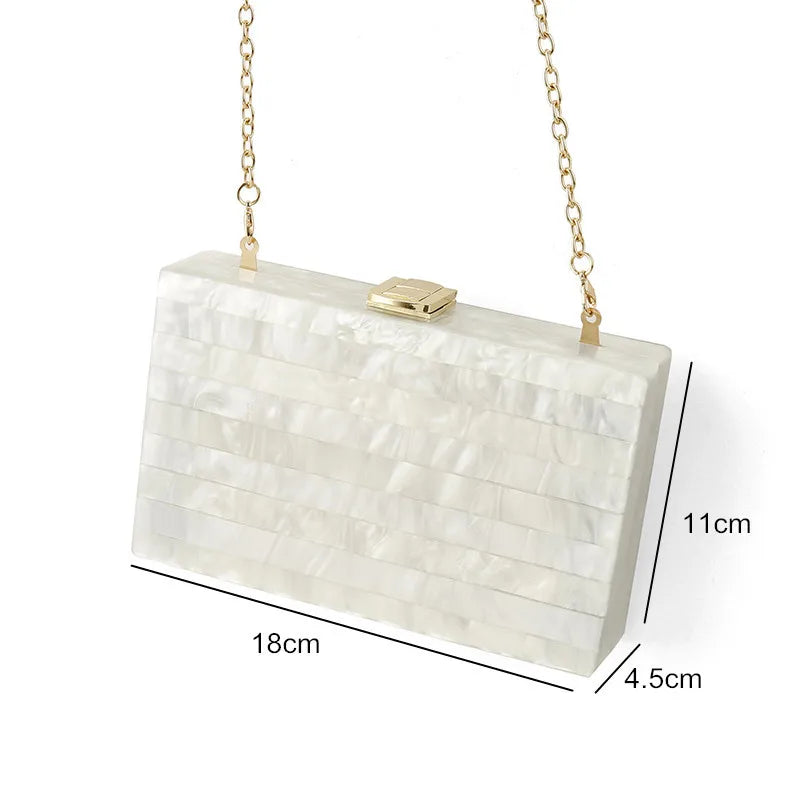 White Pearl-Striped Acrylic Box Clutch: Ideal for Parties and Evening Events