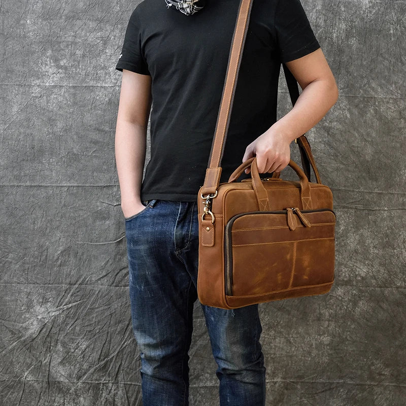 Men's Genuine Cowhide Leather Briefcase: Laptop Bag for 15.6" Laptop, Ideal for Doctors, Lawyers, and Professionals