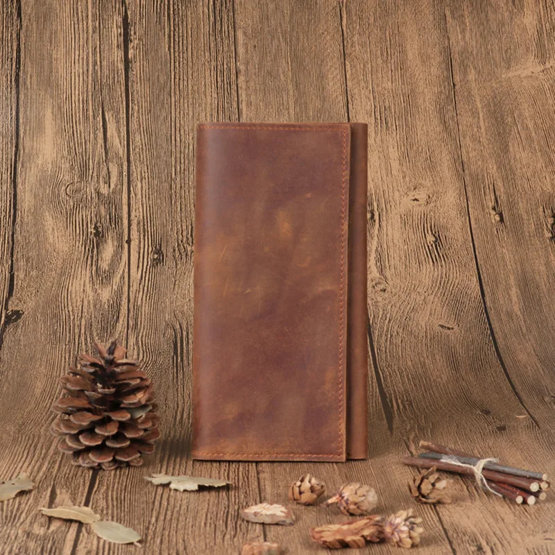 Vintage Style Men's Long Wallet: First Layer Genuine Leather, Retro Design with Multi-Card Holder
