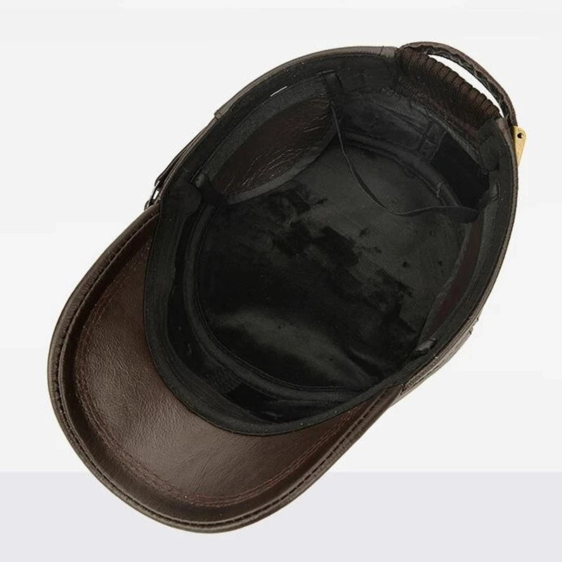 Men's Genuine Leather Military Hats: High-Quality Cowhide for Autumn/Winter, New Thermal Design with Adjustable Size