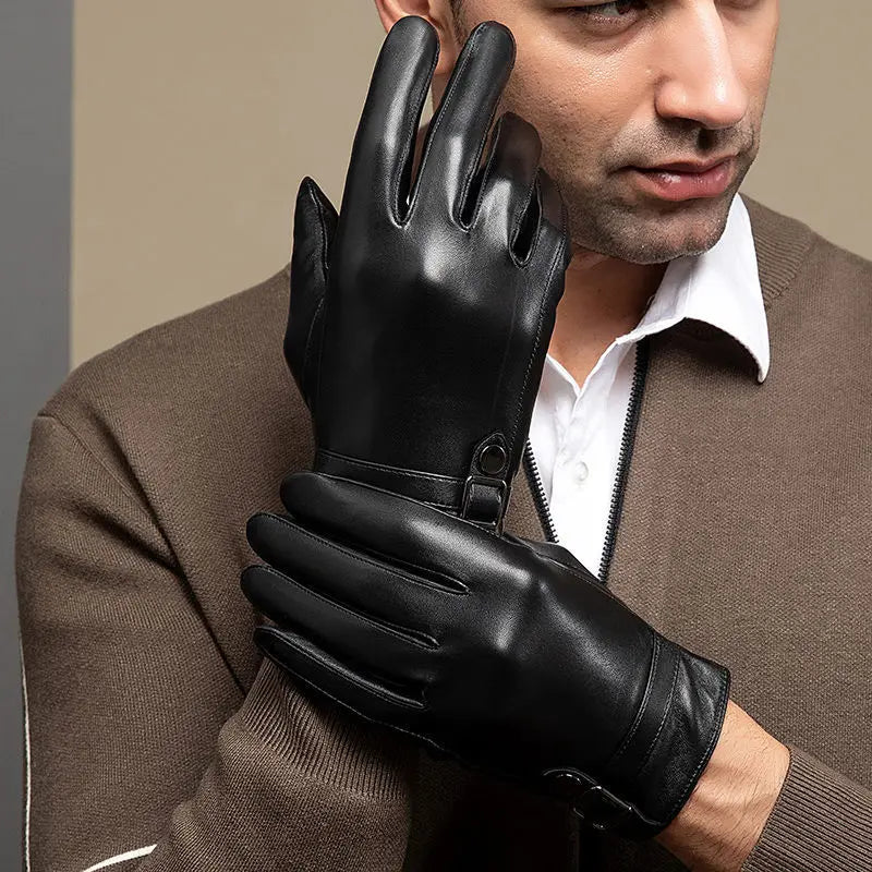 Stay Cozy in Style with Men's Sheepskin Winter Leather Gloves - Thickening Design for Outdoor Warmth