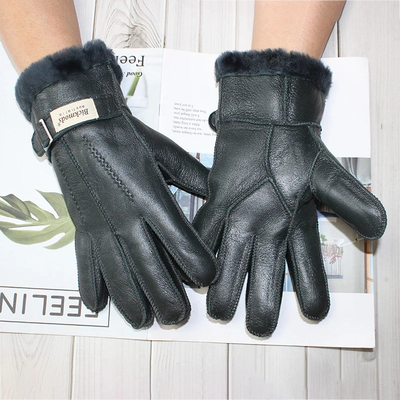Elevate Your Winter Style with Men's Sheepskin Fur Gloves - Thick, Warm, and Windproof for Outdoor Comfort.