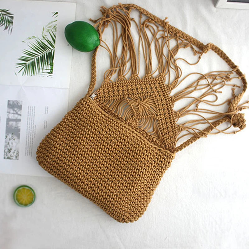 Handmade Cotton Woven Knitted Tassel Crossbody Bag – Vintage Shoulder Bag, Fashionable Summer Beach Handbag for Women