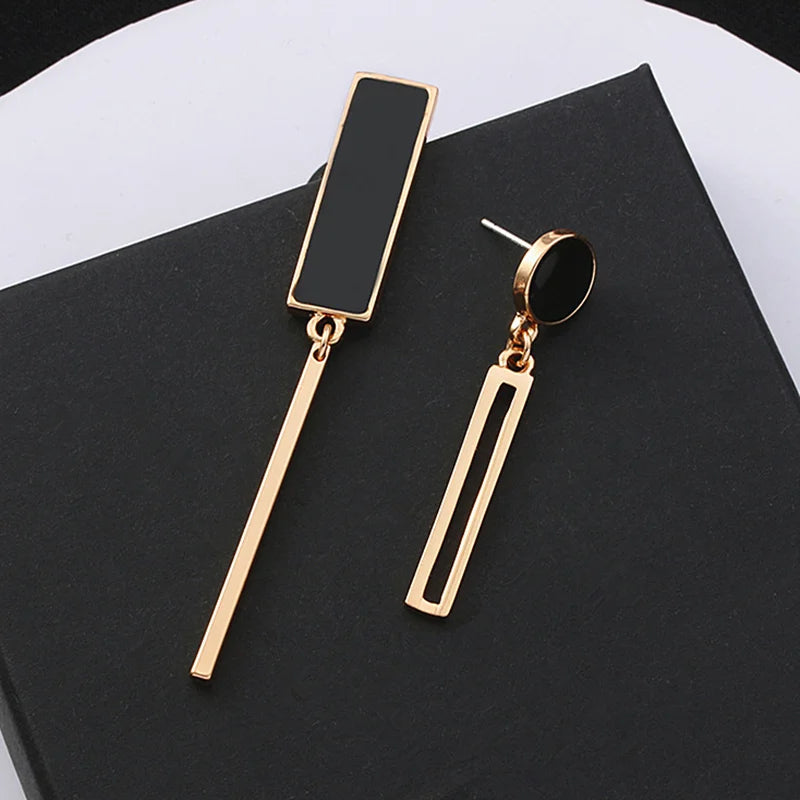 Long Asymmetrical Black Earrings: Geometric Shapes for Women's Jewelry