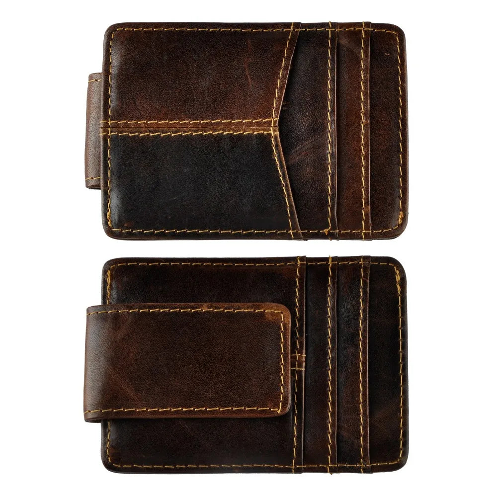 Real Cattle Leather Money Clip Wallet: Compact Credit Card and Cash Holder with Magnet Closure