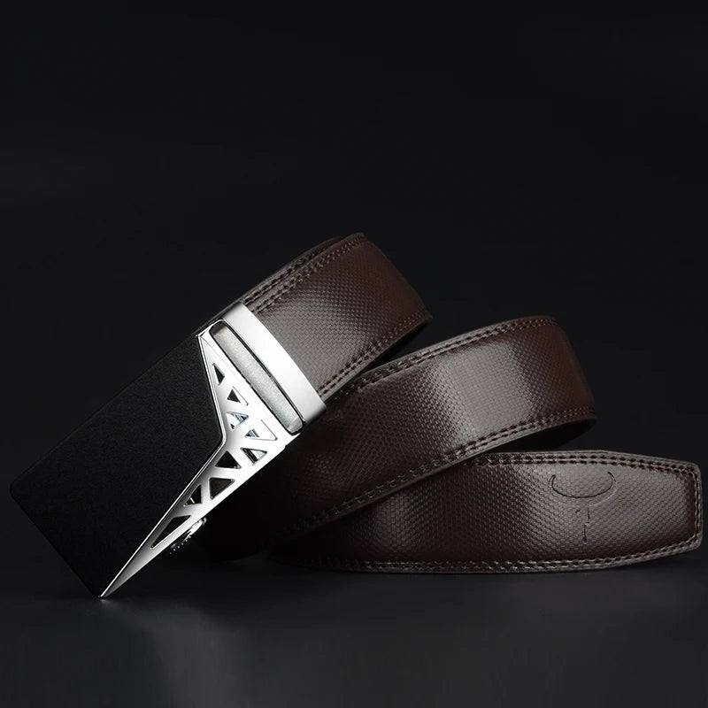 Enhance your style with Genuine Leather Belt featuring an Automatic Ratchet Buckle