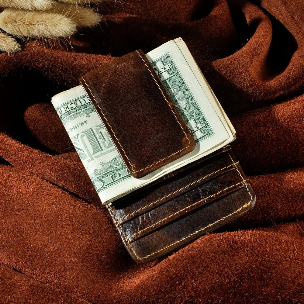 Real Cattle Leather Money Clip Wallet: Compact Credit Card and Cash Holder with Magnet Closure