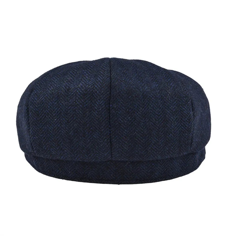 Men's Wool Tweed Herringbone Newsboy Cap: 8-Quarter Panel Cabbie Flat Caps