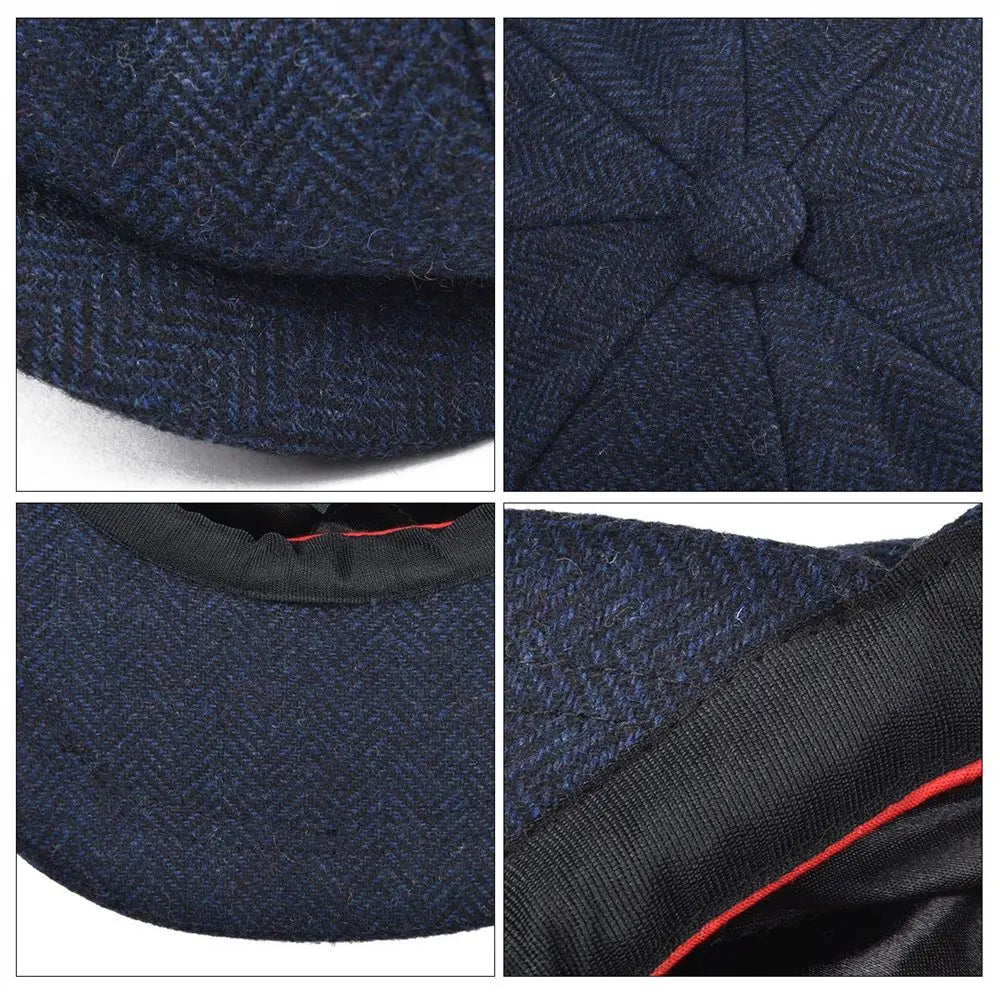 Men's Wool Tweed Herringbone Newsboy Cap: 8-Quarter Panel Cabbie Flat Caps