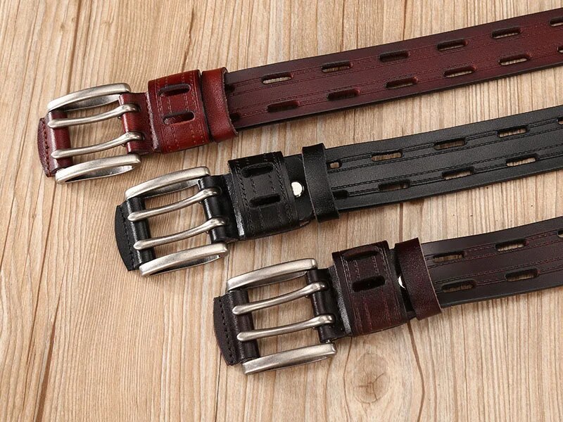 Premium Men's Genuine Leather Belts: Stylish Double Pin Buckle, Ideal for Jeans and Cowboy Attire