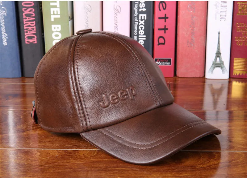 Embrace Winter Warmth: Men's Genuine Leather Cowhide Baseball Cap with Thermal and Ear Protective Features - Adjustable Size for Maximum Comfort