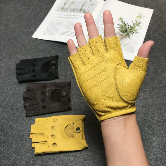 Sheepskin Half Finger Gloves for Men - Stylish Fitness and Motorcycle Riding Gloves, Fingerless Design for Comfort and Non-Slip Grip