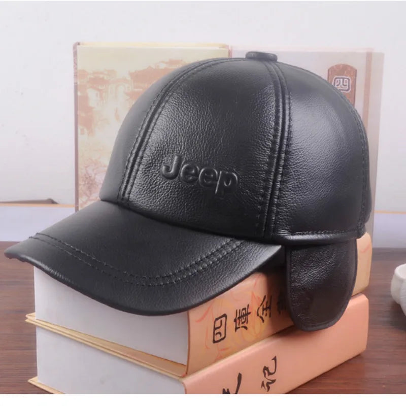 Embrace Winter Warmth: Men's Genuine Leather Cowhide Baseball Cap with Thermal and Ear Protective Features - Adjustable Size for Maximum Comfort