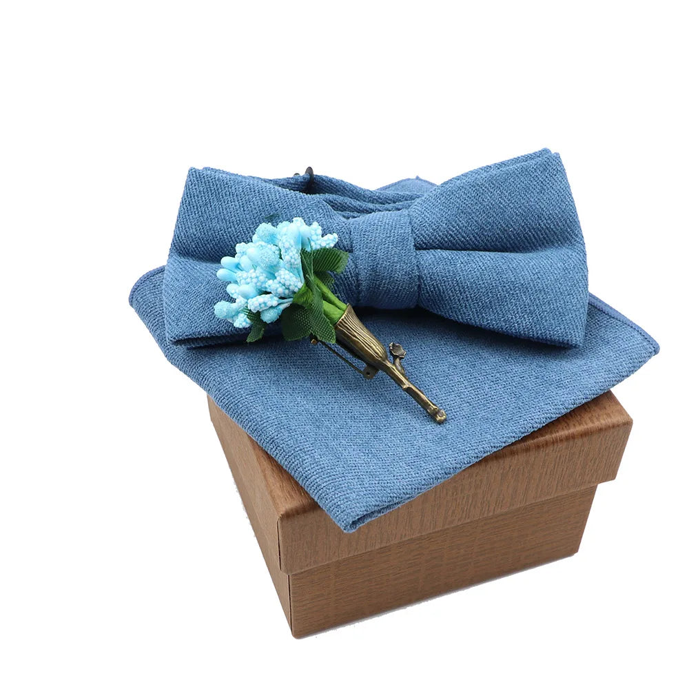 Refined Elegance: Solid Color Cotton Bowtie, Handkerchief, and Flower Brooch Set For Men - Perfect for Parties and Weddings