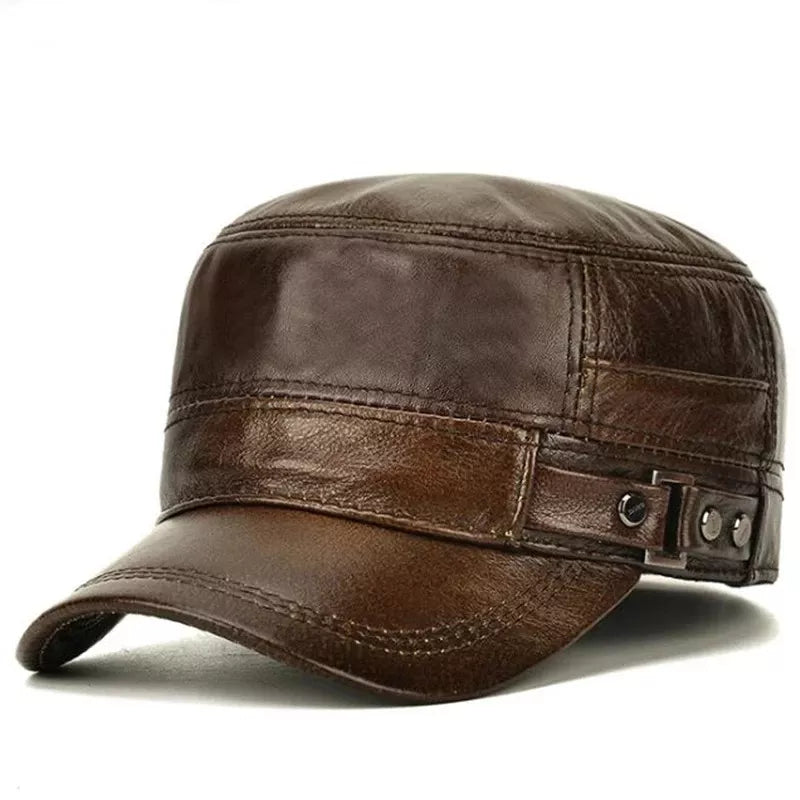 Men's Genuine Leather Military Hats: High-Quality Cowhide for Autumn/Winter, New Thermal Design with Adjustable Size