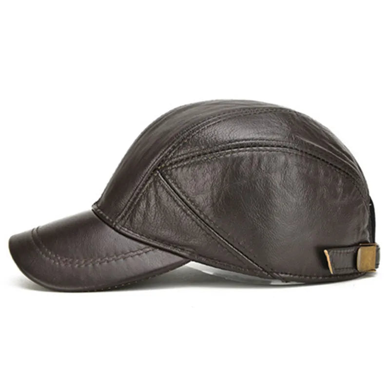 Winter Ready: Men's Genuine Leather Baseball Cap with Earmuffs - Stay Warm and Stylish, Adjustable Size for a Perfect Fit