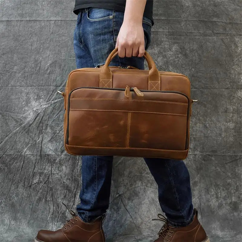 Men's Genuine Cowhide Leather Briefcase: Laptop Bag for 15.6" Laptop, Ideal for Doctors, Lawyers, and Professionals